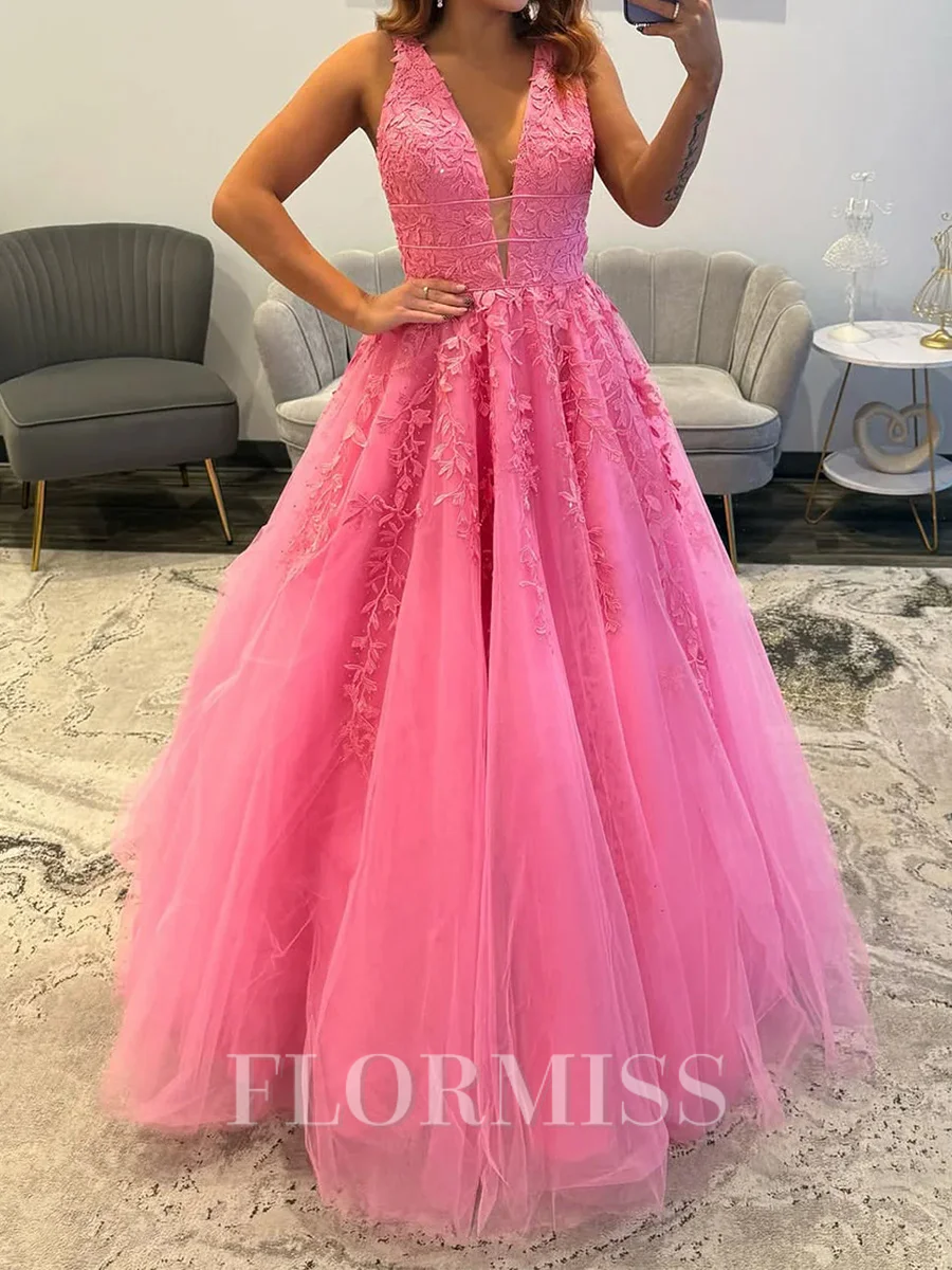 A-line V-neck Appliques Lace Court Train Tulle Corset Prom Dress