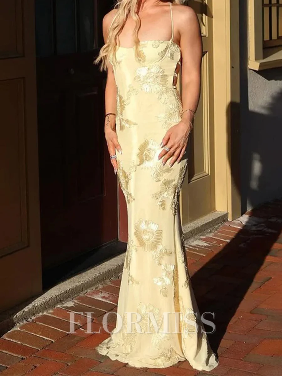 Sheath Spaghetti Straps Appliques Lace Floor-Length Lace Corset Prom Dress