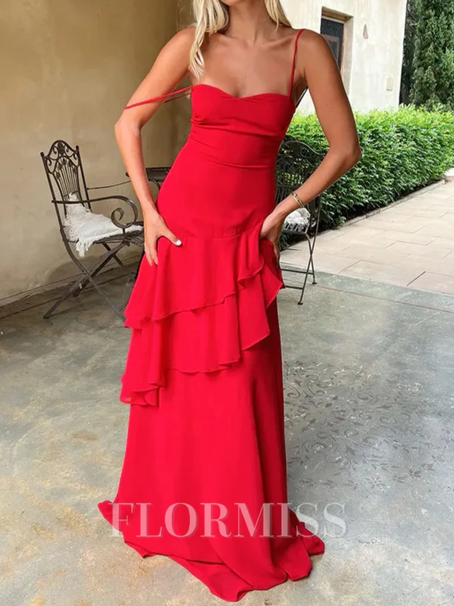 Sheath Spaghetti Straps Cascading Ruffles Sweep Train Chiffon Prom Dress