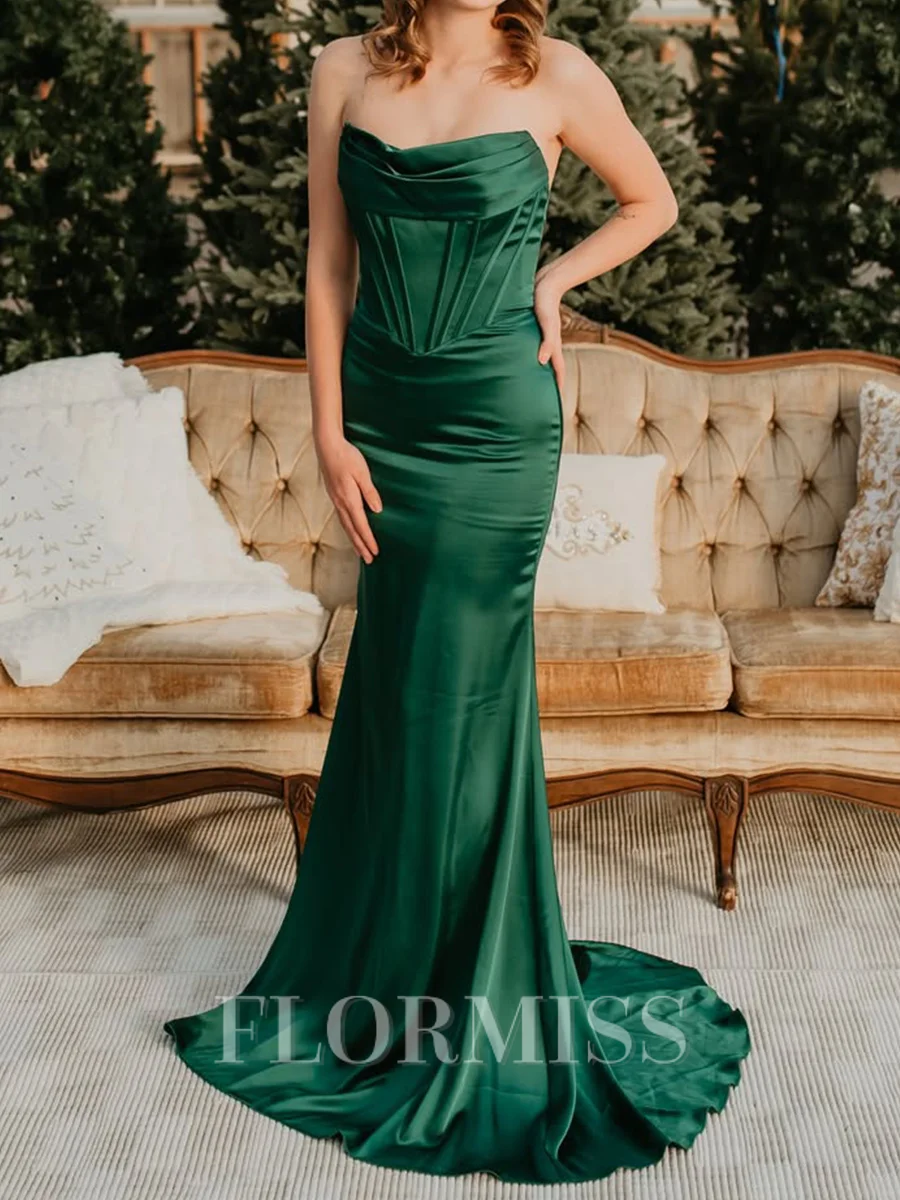 Sheath Straight Pleated Sweep Train Silk Like Satin Corset Prom Dress