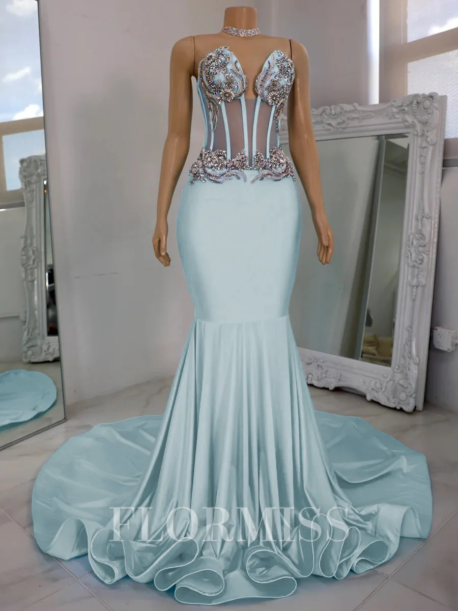 Mermaid V-neck Rhinestone Chapel Train Jersey Corset Prom Dress