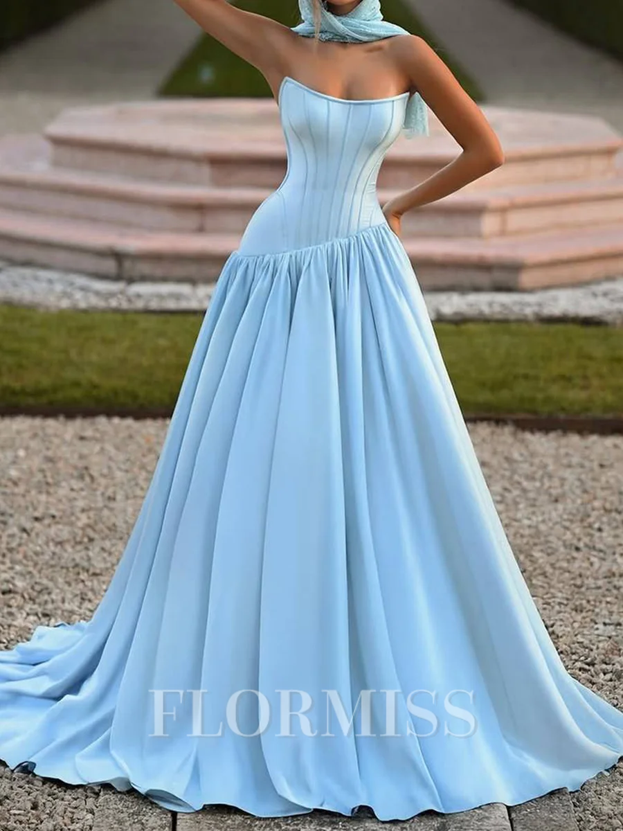 A-line Straight Pleated Sweep Train Stretch Crepe Prom Dress