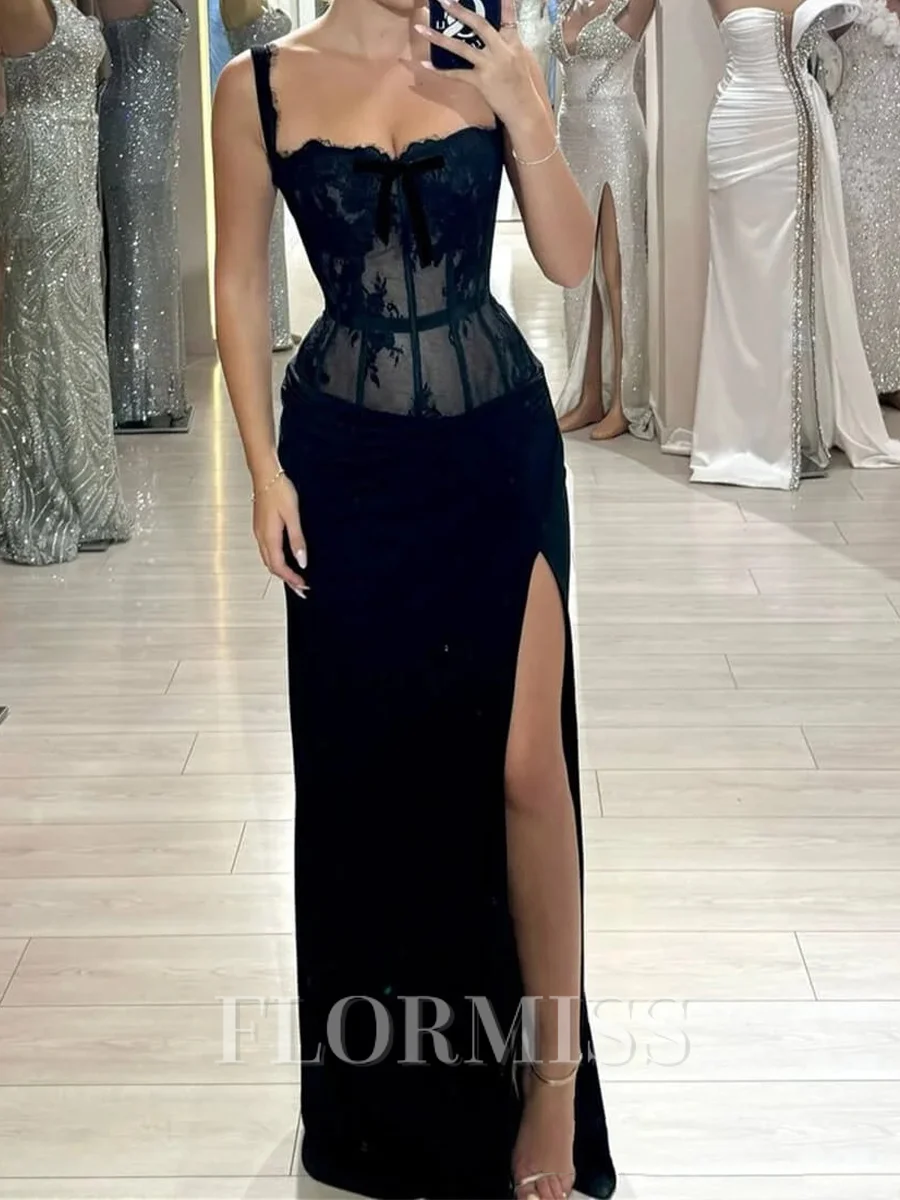 Sheath Square Appliques Lace Floor-Length Stretch Crepe Corset Prom Dress