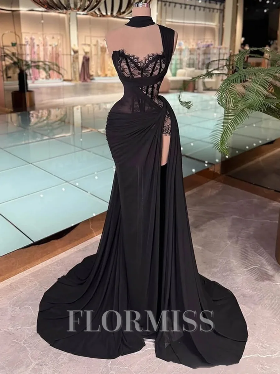 Sheath One-Shoulder Appliques Lace Sweep Train Satin Chiffon Corset Prom Dress