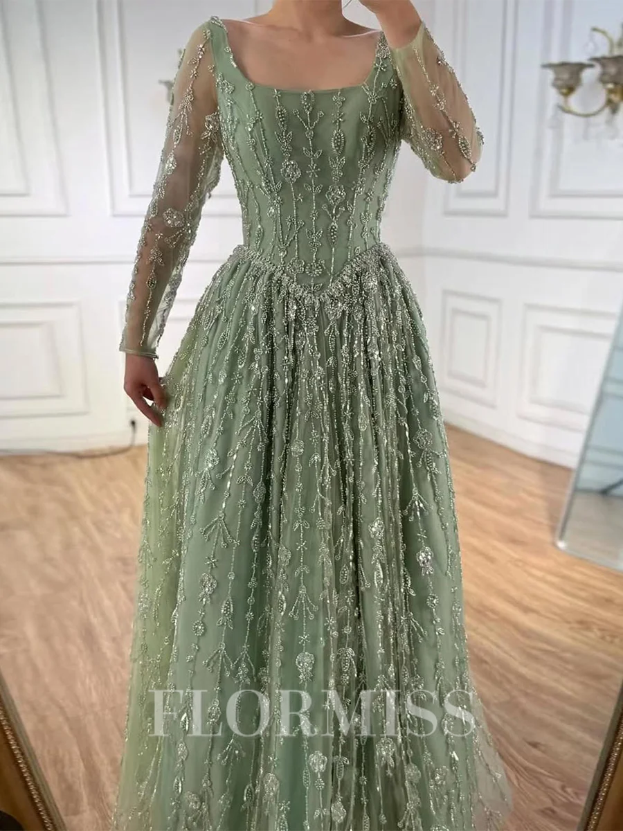 A-line Square Long Sleeves Appliques Lace Floor-Length Lace Prom Dress