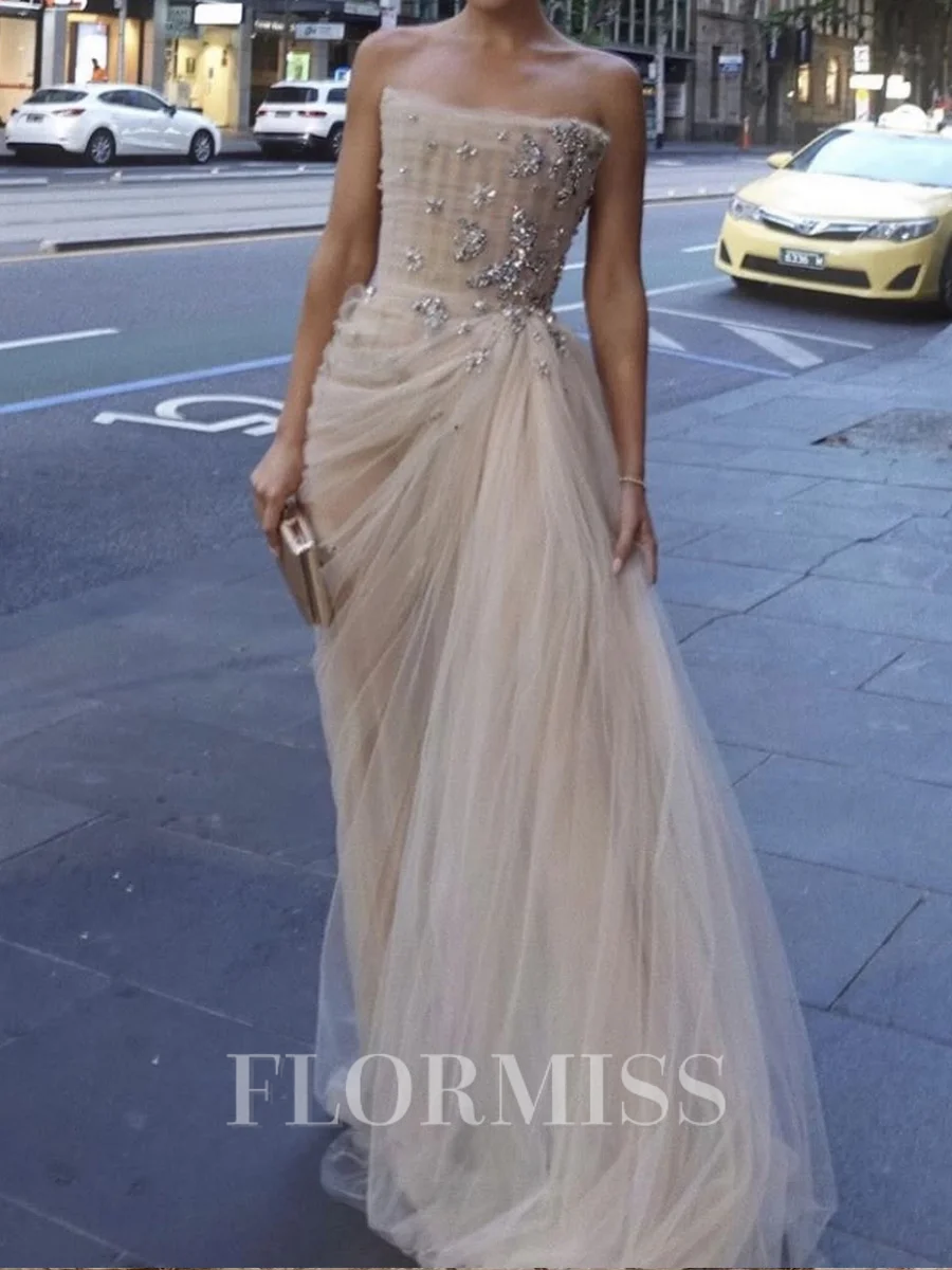 Sheath Straight Rhinestone Sweep Train Tulle Corset Prom Dress