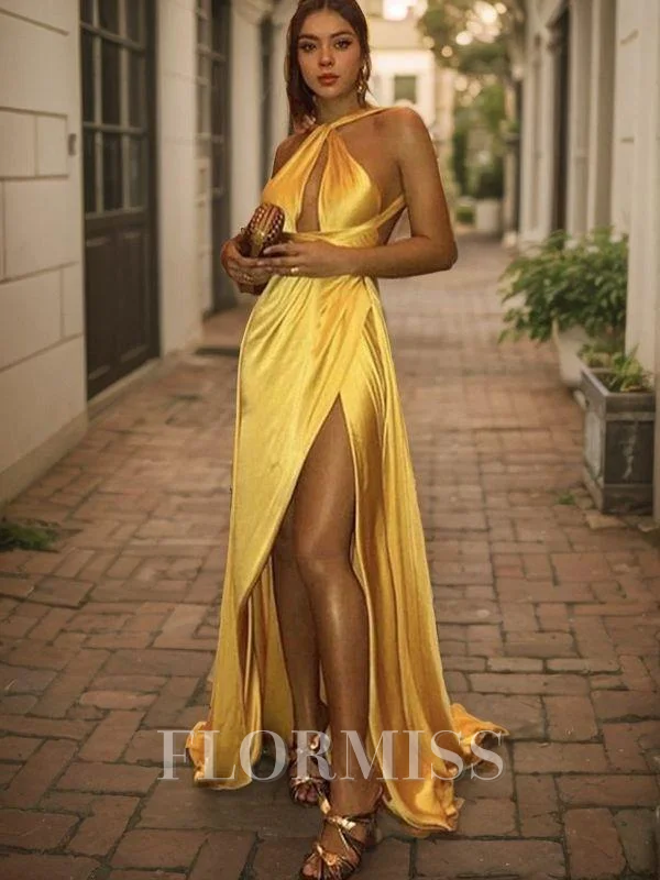 A-Line/Princess Halter Sweep Train Silk like Satin Prom Dresses With Leg Slit