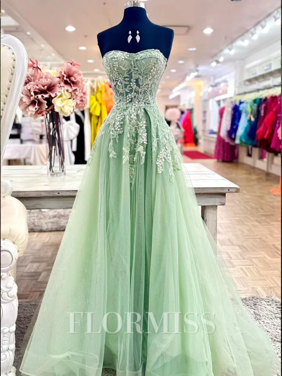 A-line Sweetheart Appliques Lace Sweep Train Tulle Corset Prom Dress