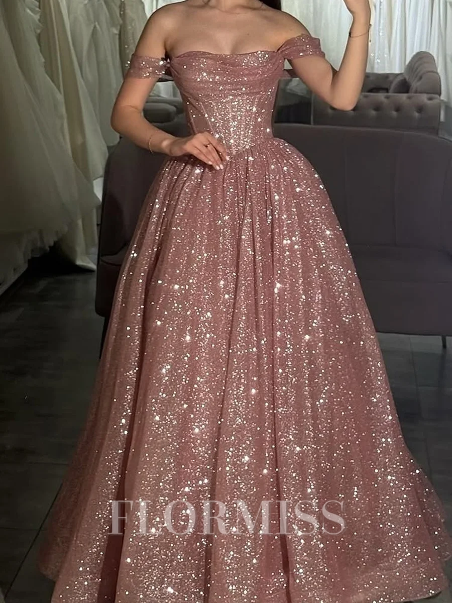 A-line Off-the-Shoulder Sequin Floor-Length Sequins Corset Prom Dress