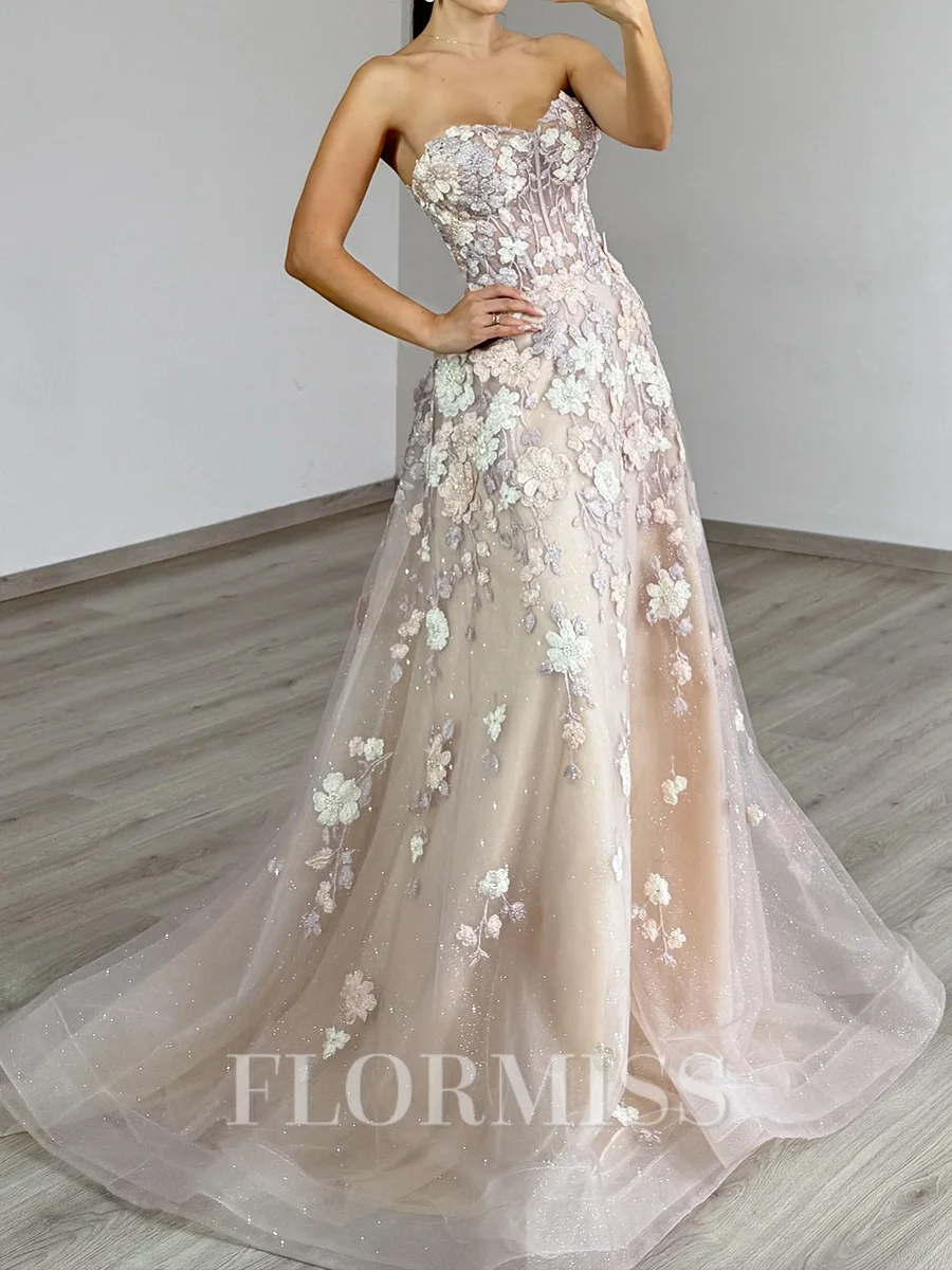 A-line Sweetheart Appliques Lace Sweep Train Tulle Corset Prom Dress