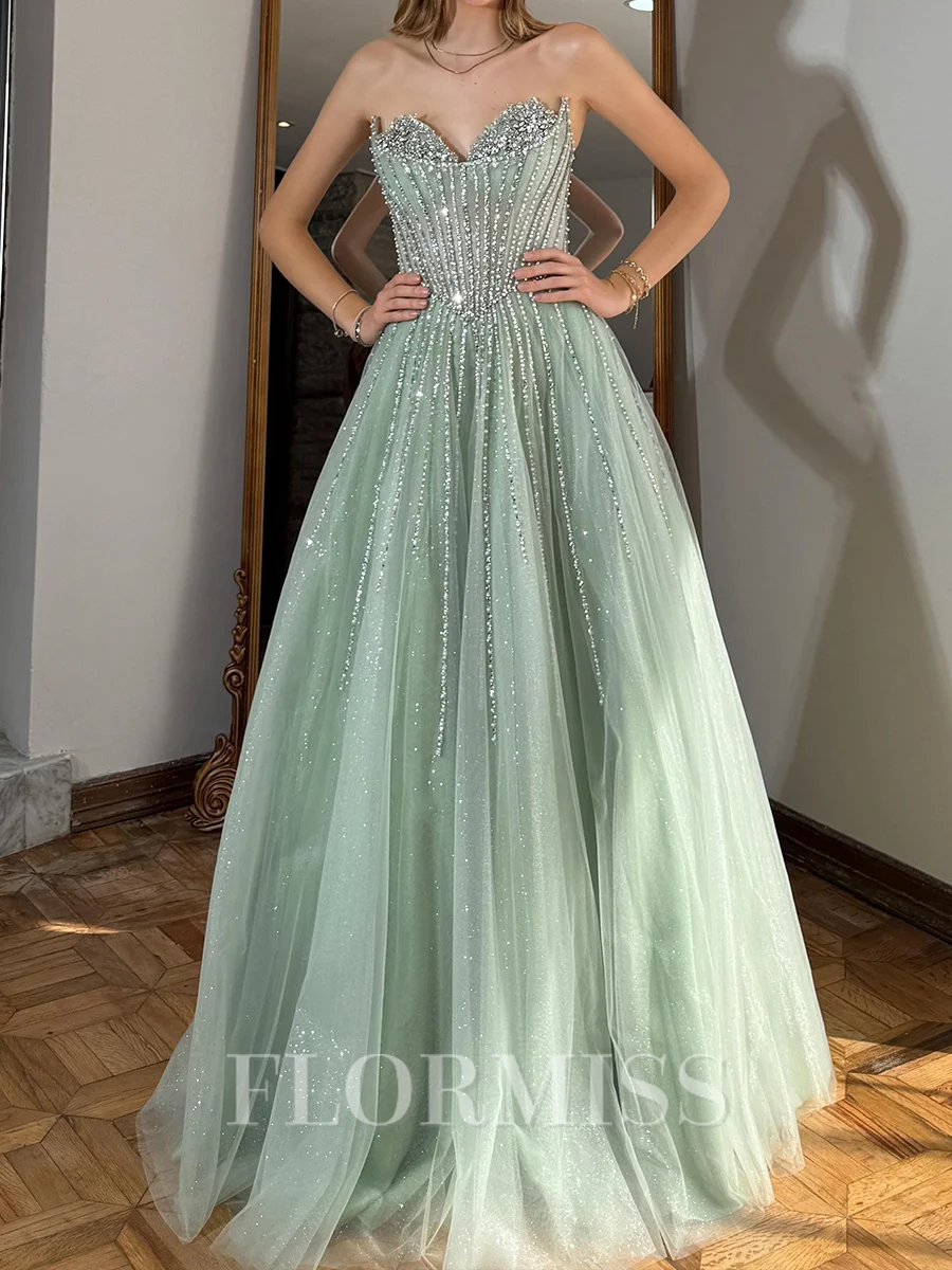 A-line Sweetheart Rhinestone Floor-Length Tulle Corset Prom Dress