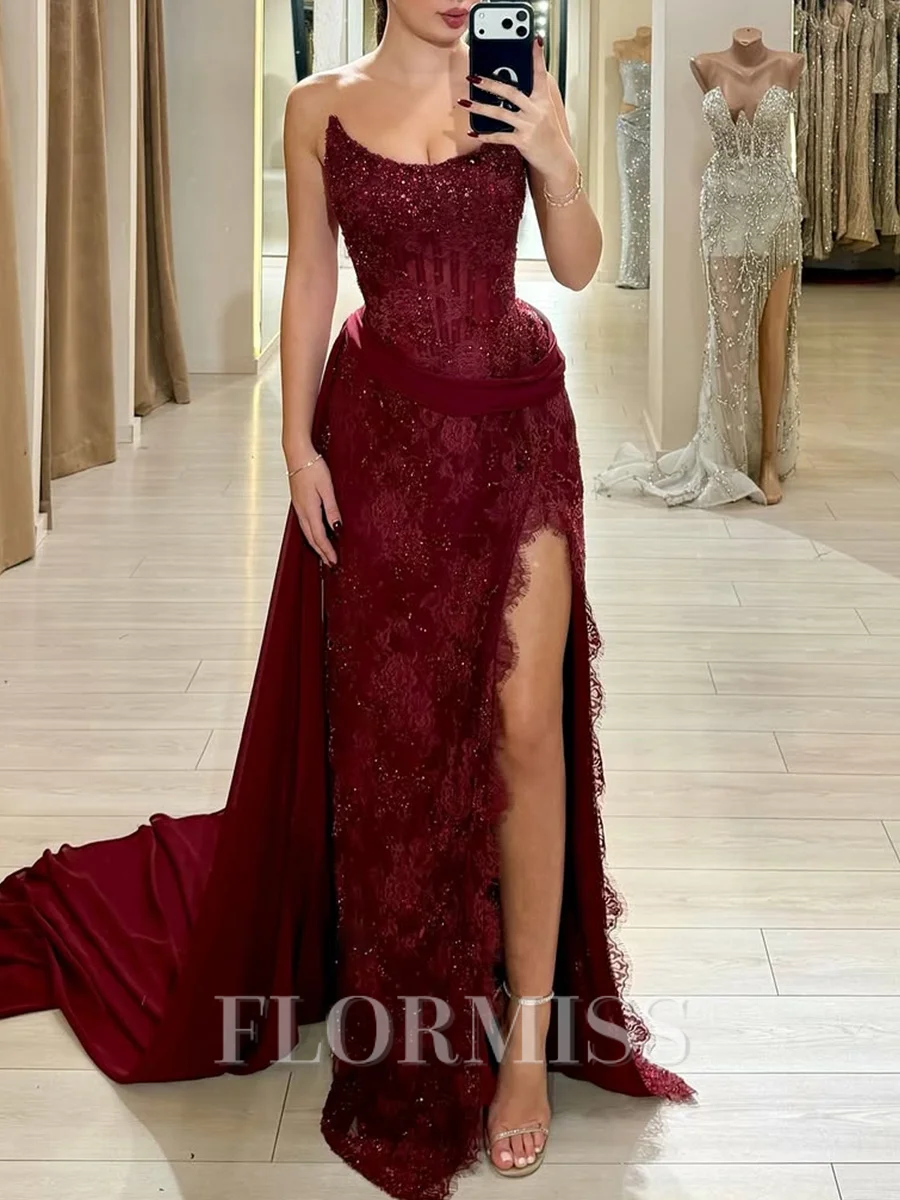 Sheath Straight Sequin Chapel Train Lace Corset Prom Dress