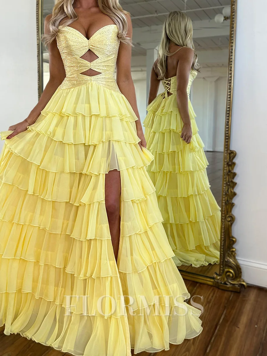 A-line Sweetheart Cascading Ruffles Sweep Train Chiffon Corset Prom Dress