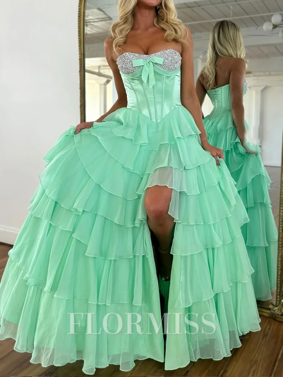 A-line Sweetheart Cascading Ruffles Sweep Train Chiffon Corset Prom Dress