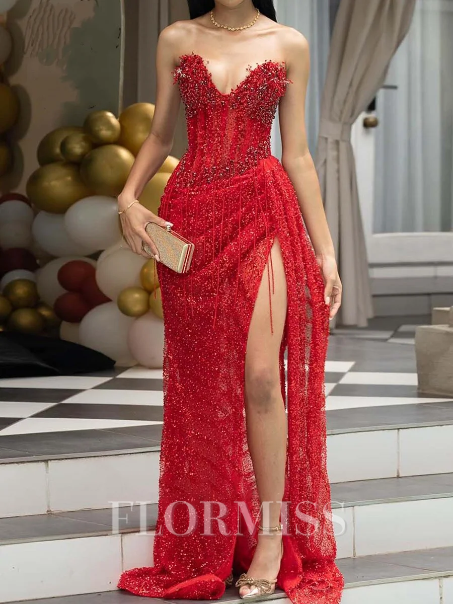 Sheath Sweetheart Beading Sweep Train Corset Prom Dress