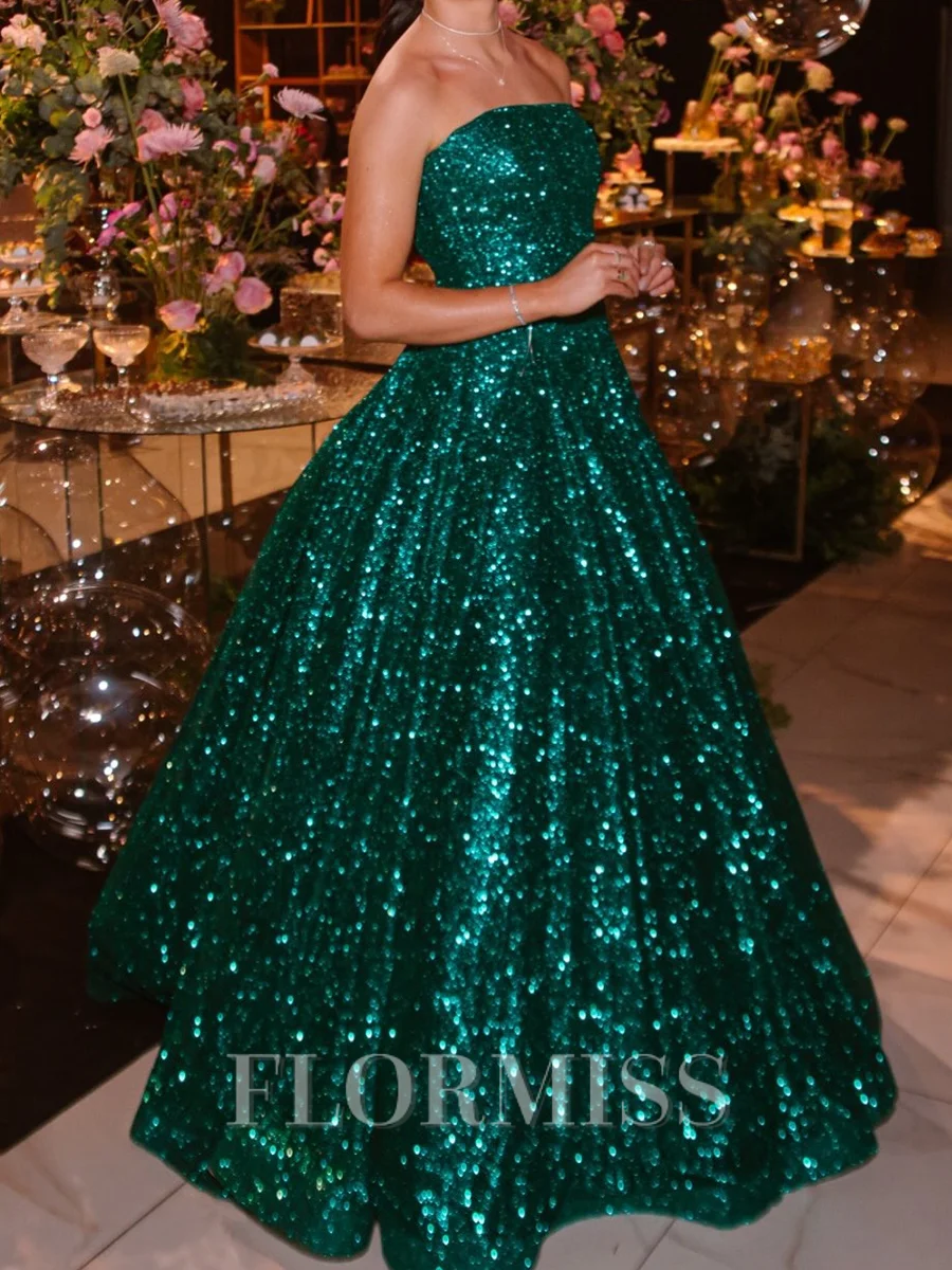 A-line Straight Sequin Floor-Length Sequins Prom Dress