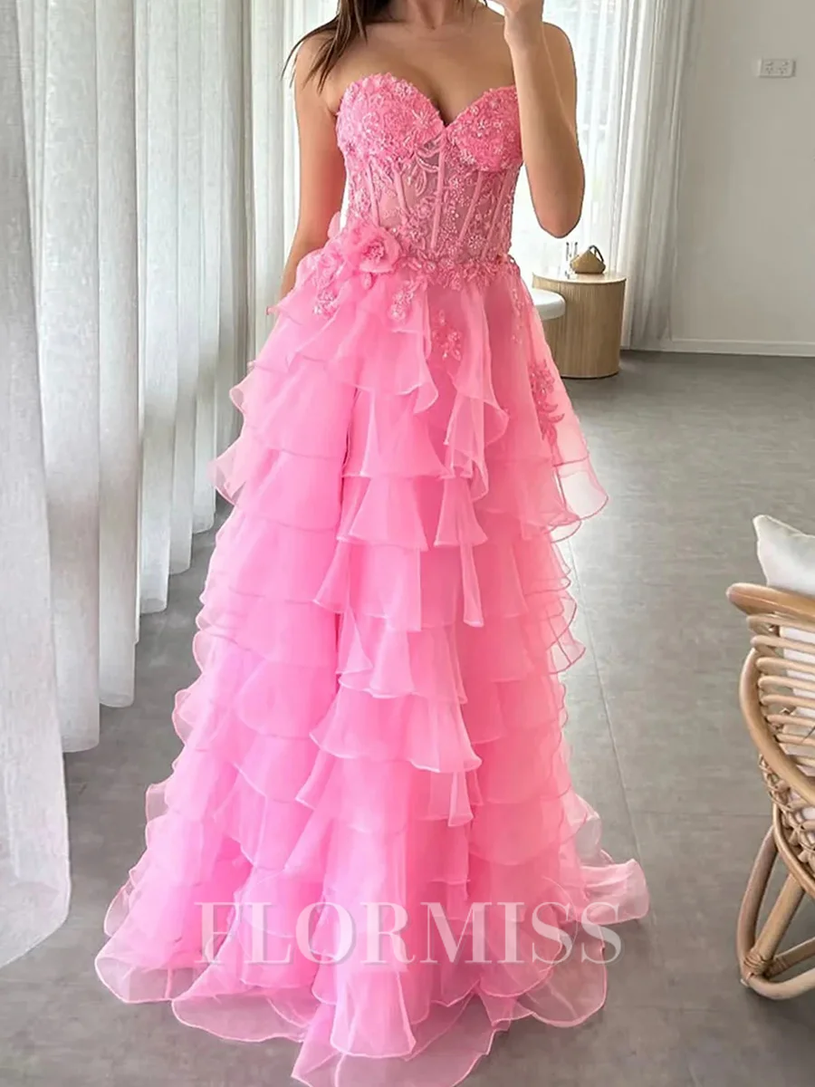 A-line Sweetheart Cascading Ruffles Floor-Length Tulle Corset Prom Dress