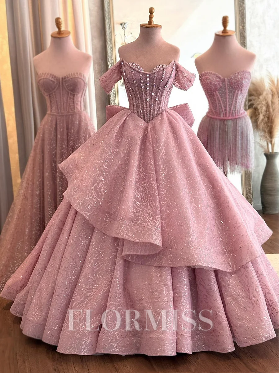 A-line Off-the-Shoulder Beading Floor-Length Lace Corset Prom Dress