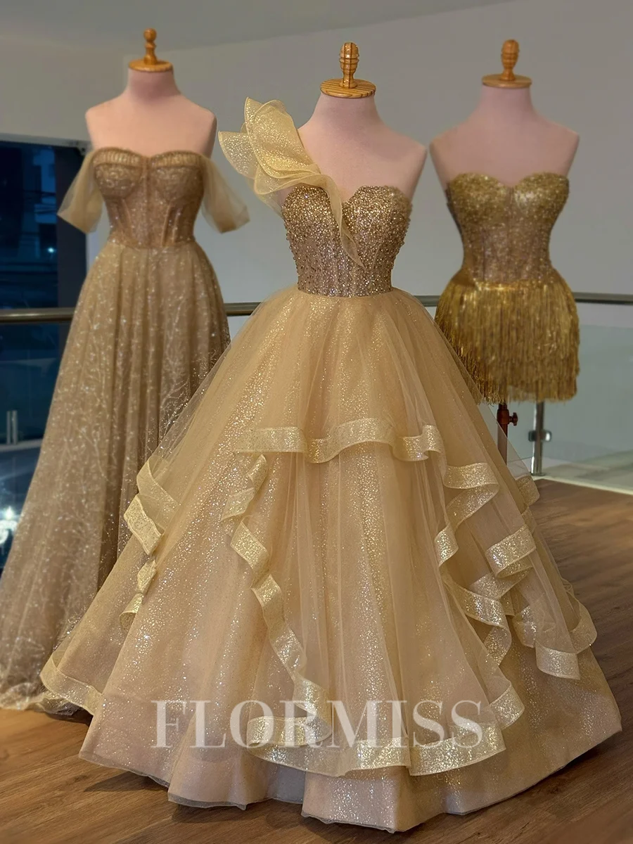 A-line One-Shoulder Sequin Floor-Length Corset Prom Dress