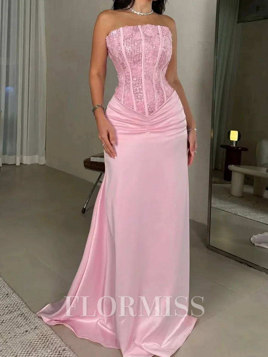 Sheath Straight Pleated Sweep Train Silk Like Satin Corset Prom Dress