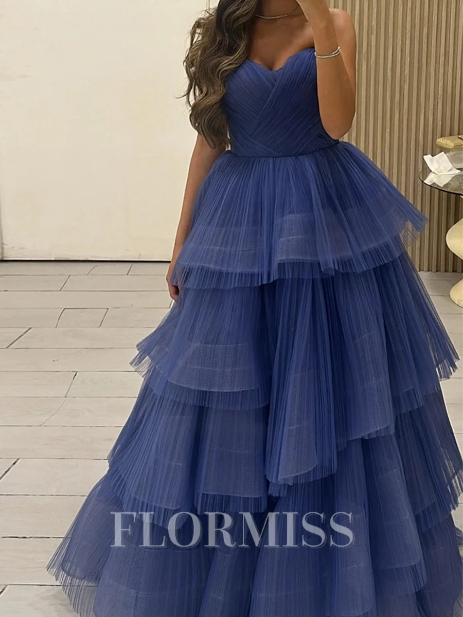 A-line Sweetheart Cascading Ruffles Floor-Length Tulle Corset Prom Dress