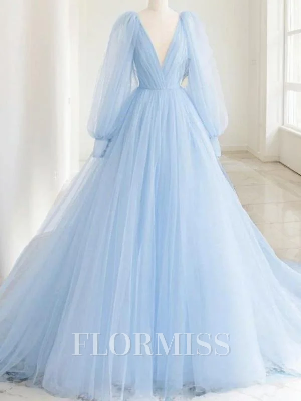 A-Line/Princess V-neck Sweep Train Tulle Prom Dresses With Ruffles