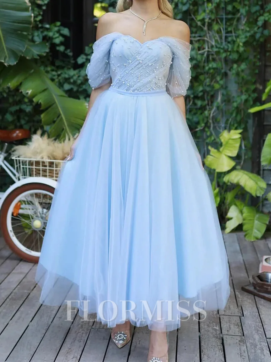 A-line Off-the-Shoulder Rhinestone Ankle-Length Tulle Prom Dress
