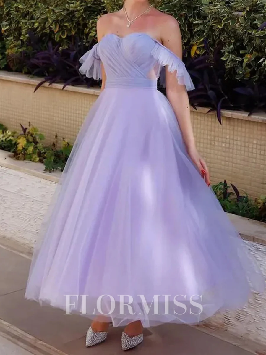 A-line Square Ruffles Ankle-Length Tulle Prom Dress