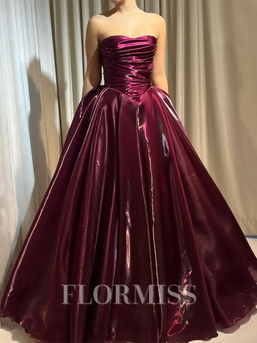 A-line Straight Pleated Floor-Length Metallic Satin Corset Prom Dress