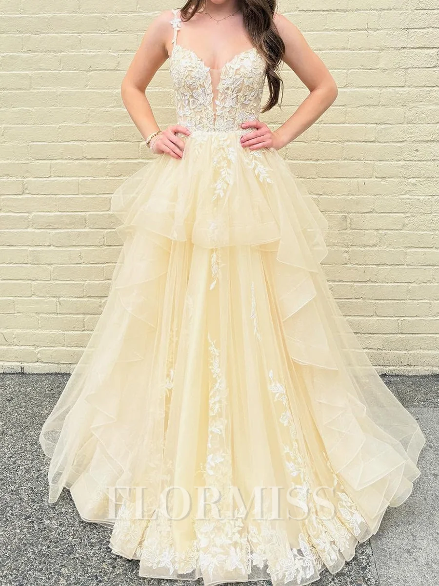 A-line Spaghetti Straps Appliques Lace Floor-Length Tulle Corset Prom Dress