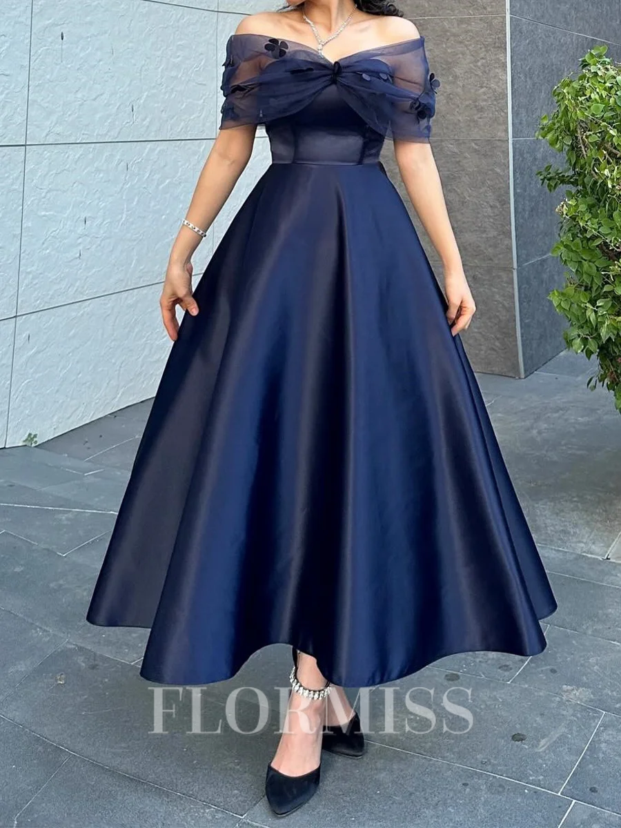 A-line Off-the-Shoulder Flower Ankle-Length Satin Corset Prom Dress