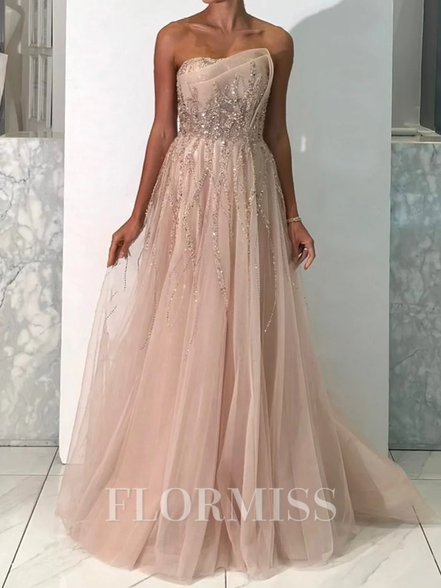 A-line Straight Appliques Lace Sweep Train Tulle Prom Dress