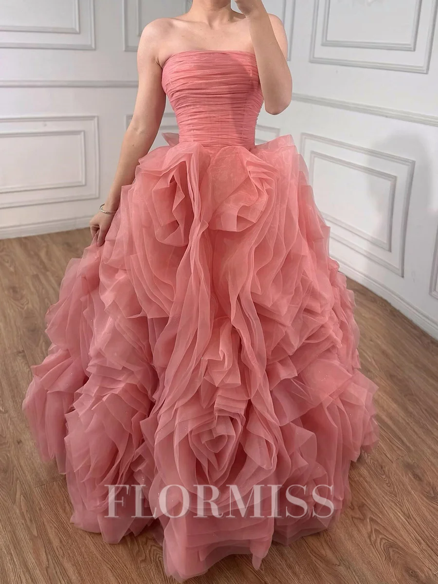 A-line Straight Cascading Ruffles Floor-Length Tulle Corset Prom Dress