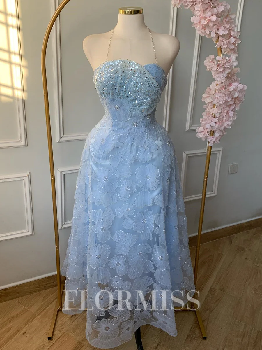 A-line Halter Sequin Ankle-Length Lace Prom Dress