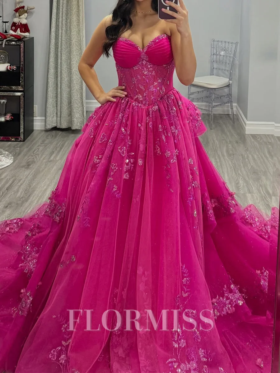 A-line Sweetheart Appliques Lace Court Train Tulle Corset Prom Dress