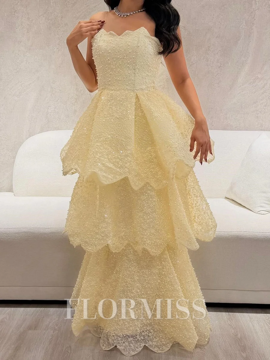 A-line Straight Cascading Ruffles Floor-Length Prom Dress