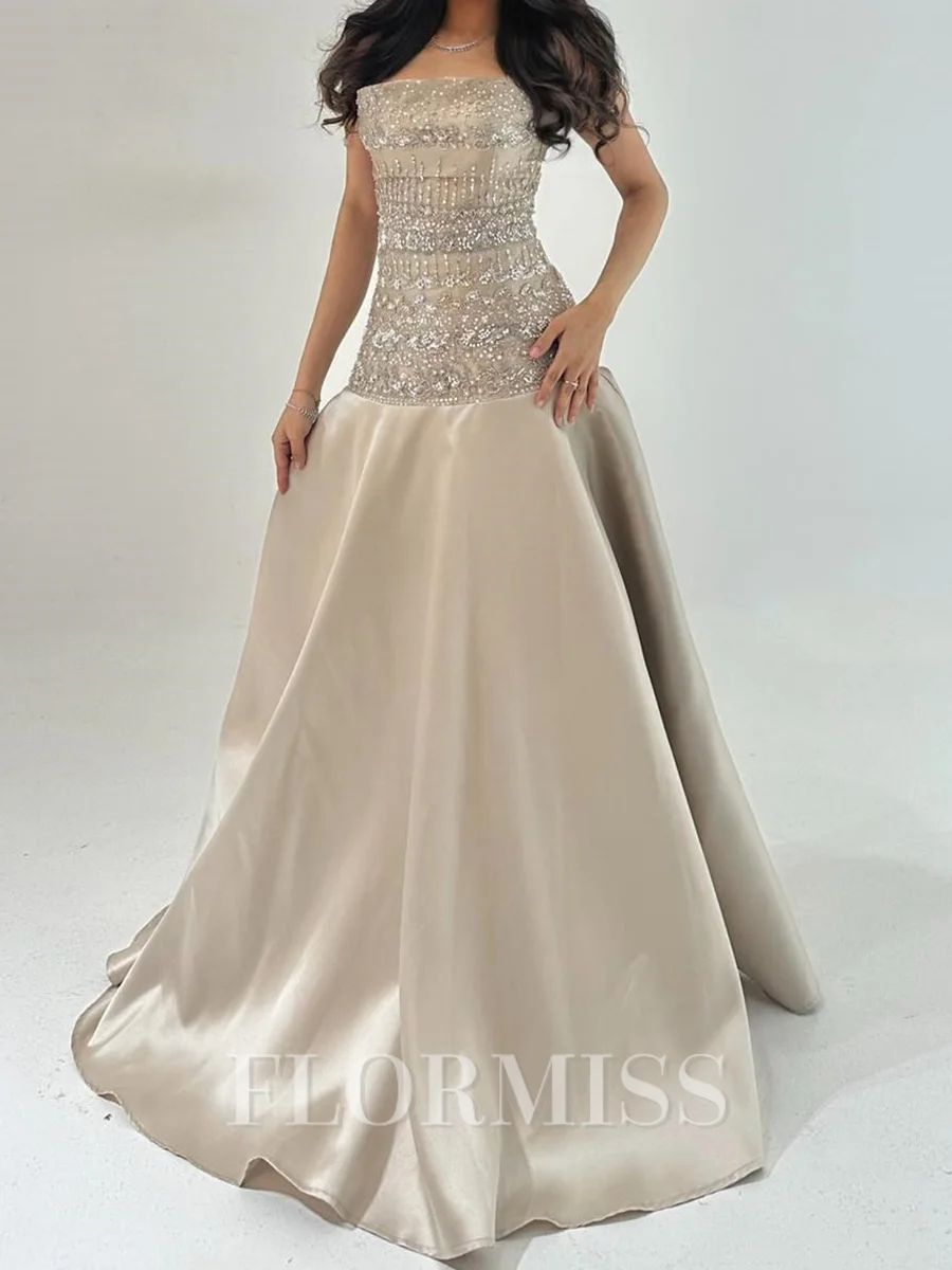 A-line Straight Sequin Floor-Length Silk Like Satin Corset Prom Dress