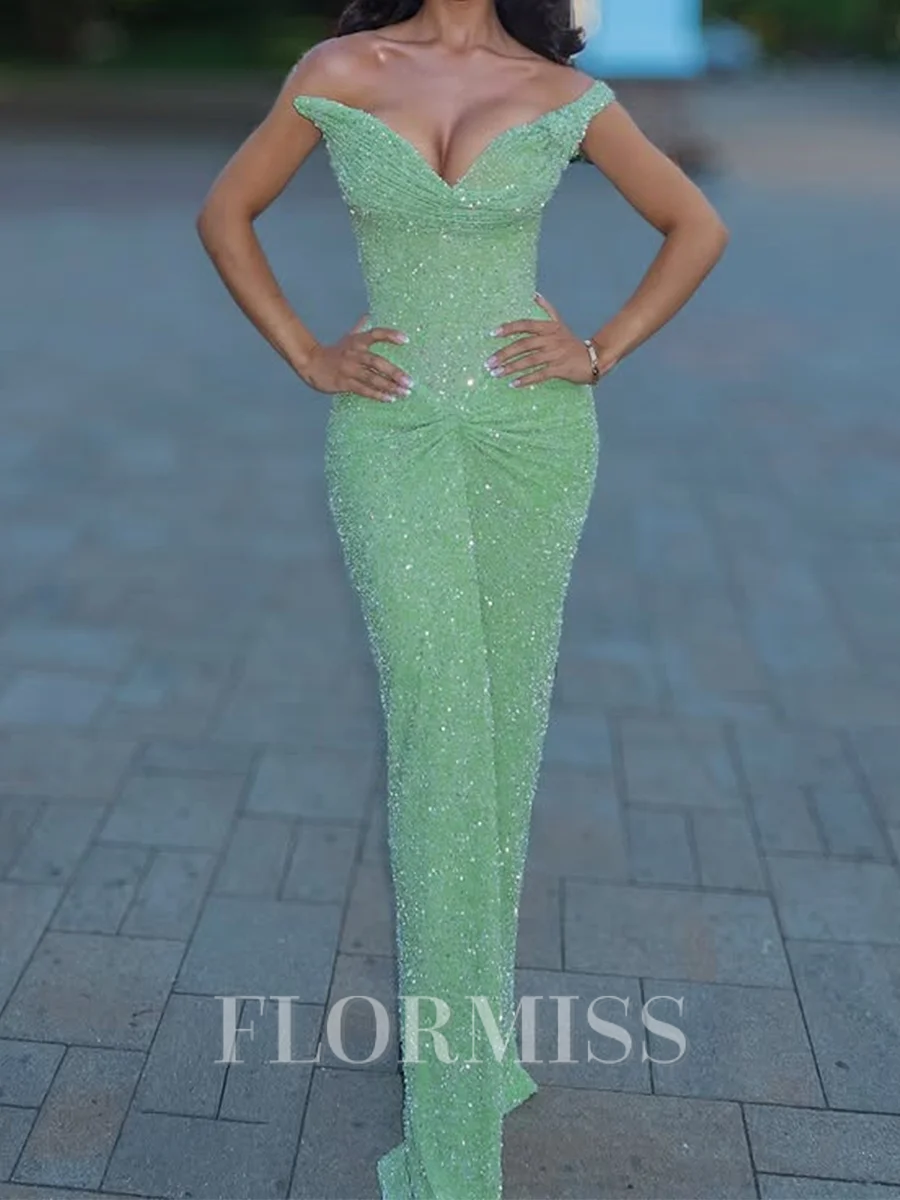 Sheath Off-the-Shoulder Sequin Floor-Length Prom Dress