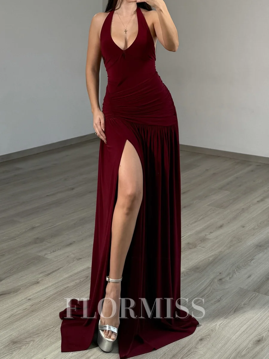 A-line Halter Pleated Sweep Train Jersey Prom Dress