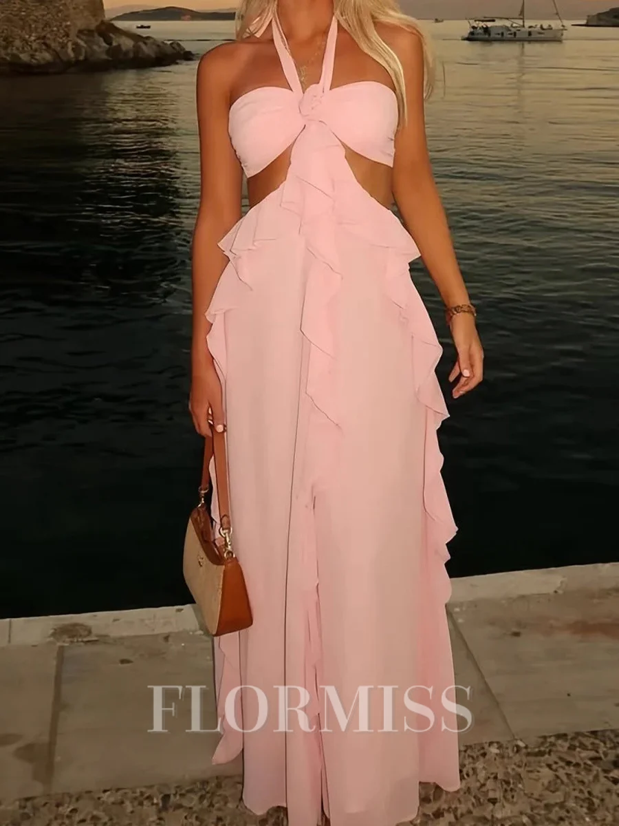 A-line Halter Ruffles Floor-Length Chiffon Prom Dress