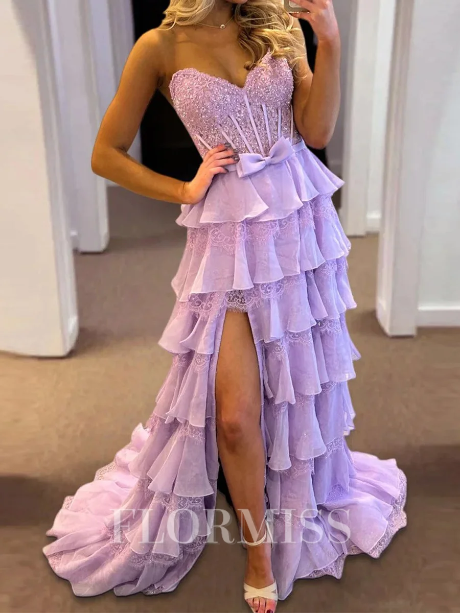 A-line Sweetheart Cascading Ruffles Sweep Train Chiffon Corset Prom Dress