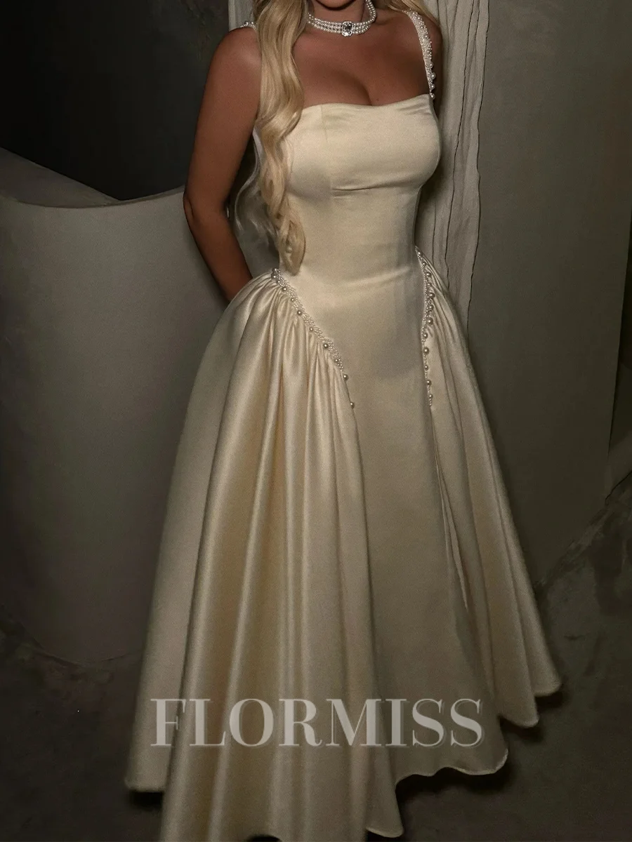 A-line Square Beading Ankle-Length Silk Like Satin Corset Prom Dress