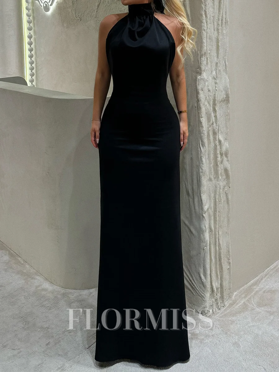 Sheath High Neck Bow Floor-Length Stretch Crepe Prom Dress