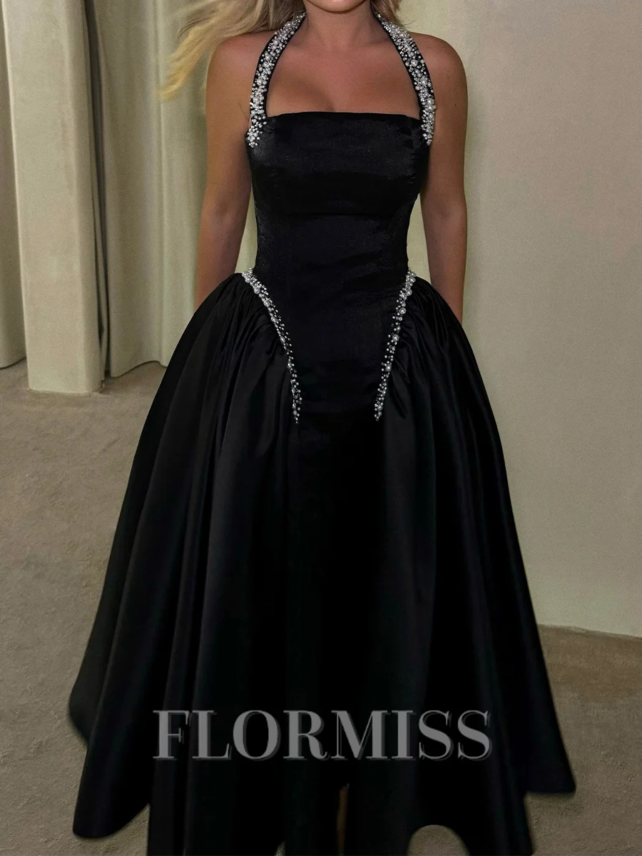 A-line Halter Beading Ankle-Length Silk Like Satin Corset Prom Dress