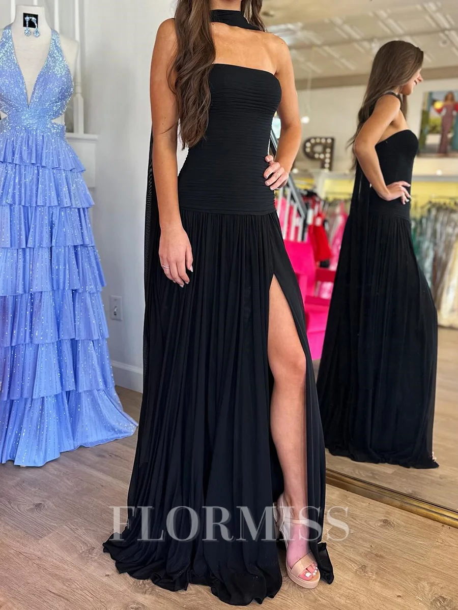 A-line Straight Pleated Sweep Train Chiffon Corset Prom Dress