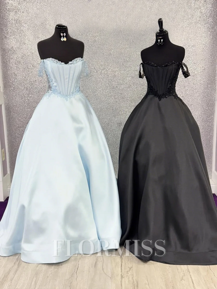 A-line Off-the-Shoulder Appliques Lace Floor-Length Satin Corset Prom Dress