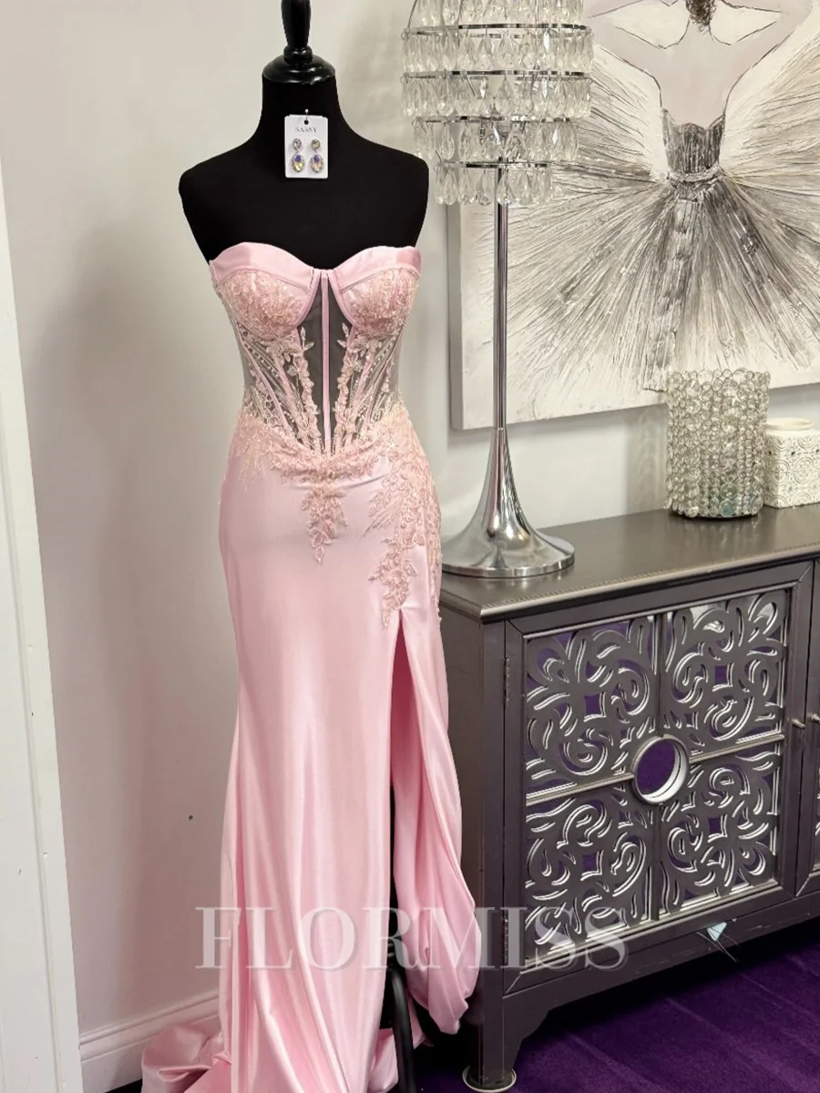 Sheath Sweetheart Appliques Lace Sweep Train Silk Like Satin Corset Prom Dress