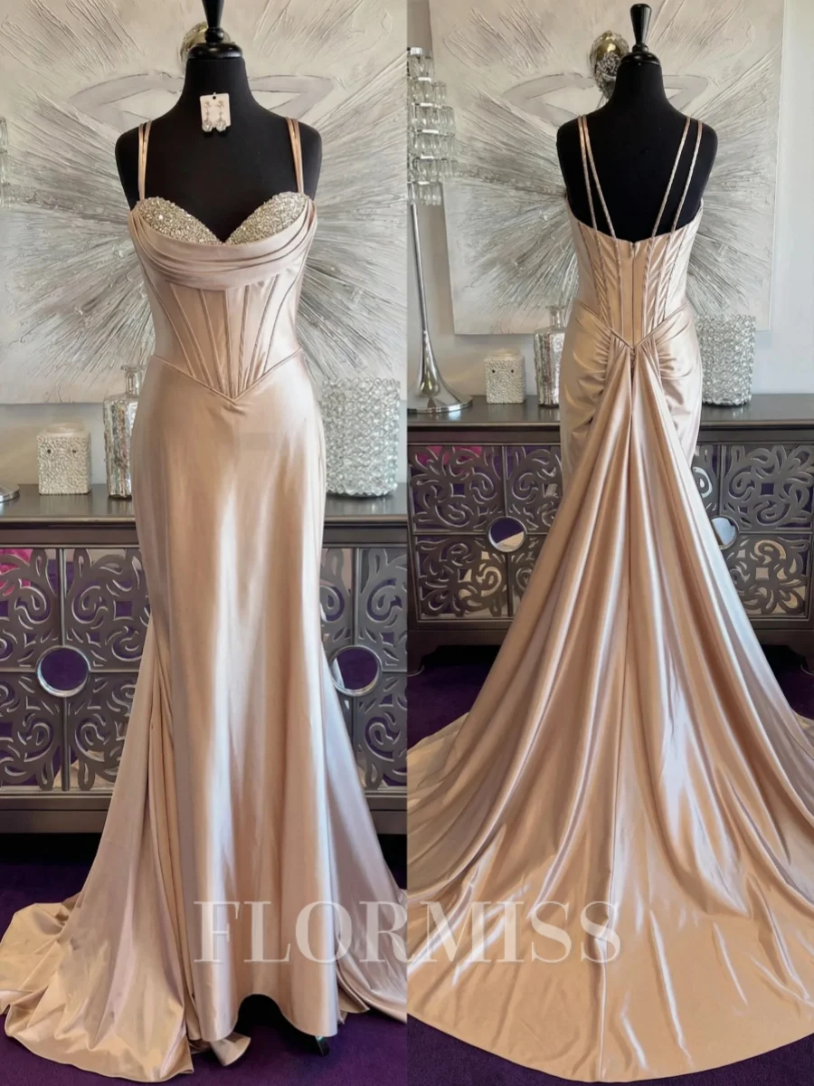 Sheath Spaghetti Straps Beading Court Train Jersey Corset Prom Dress