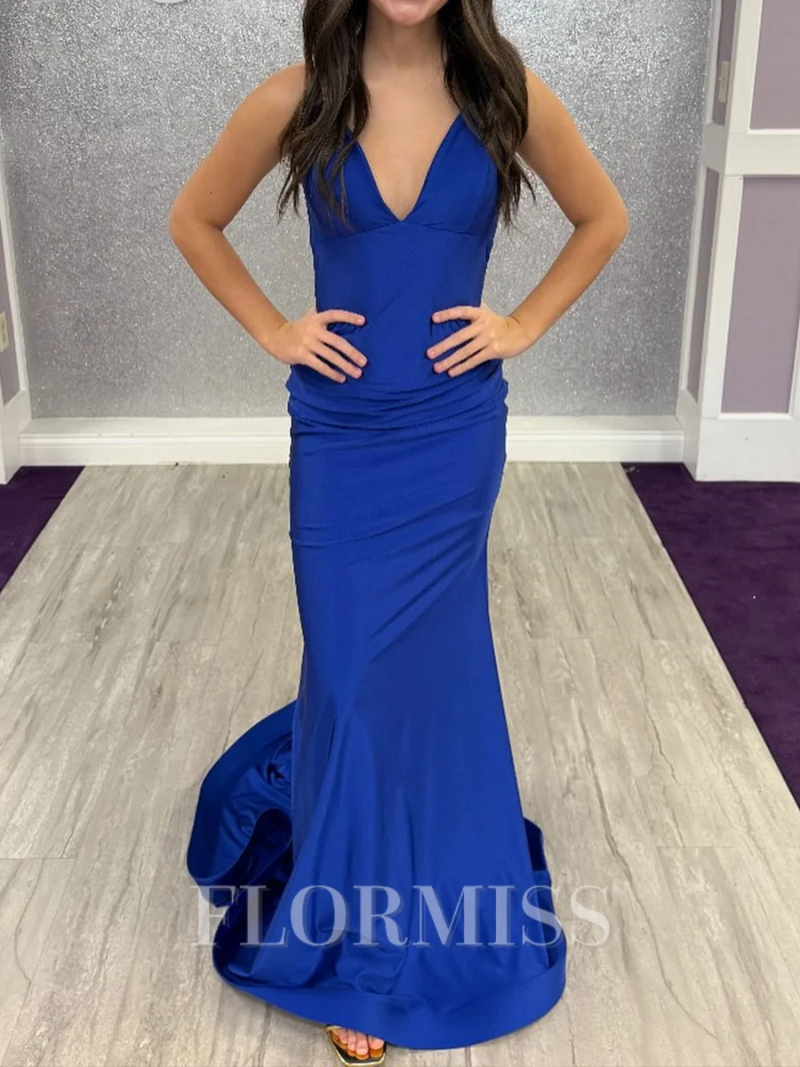 Mermaid Halter Pleated Court Train Jersey Prom Dress