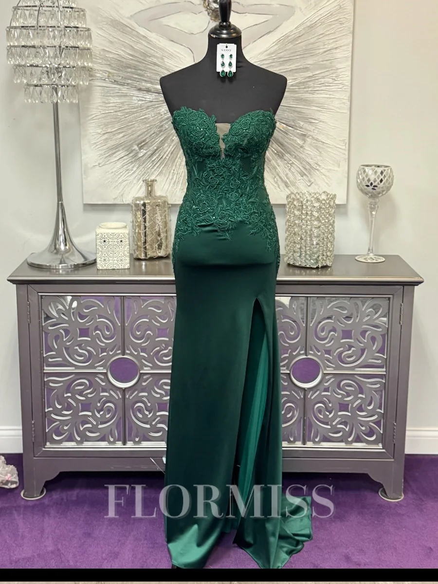 Sheath Sweetheart Appliques Lace Sweep Train Silk Like Satin Corset Prom Dress